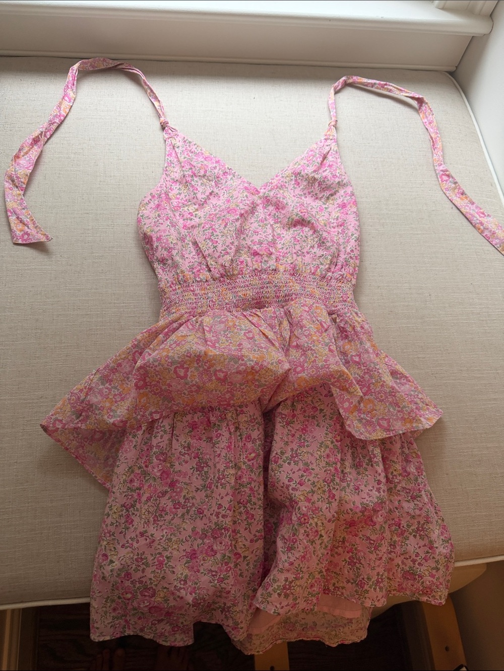 LoveShackFancy Pink Floral Tiered Sundress with Tie Straps